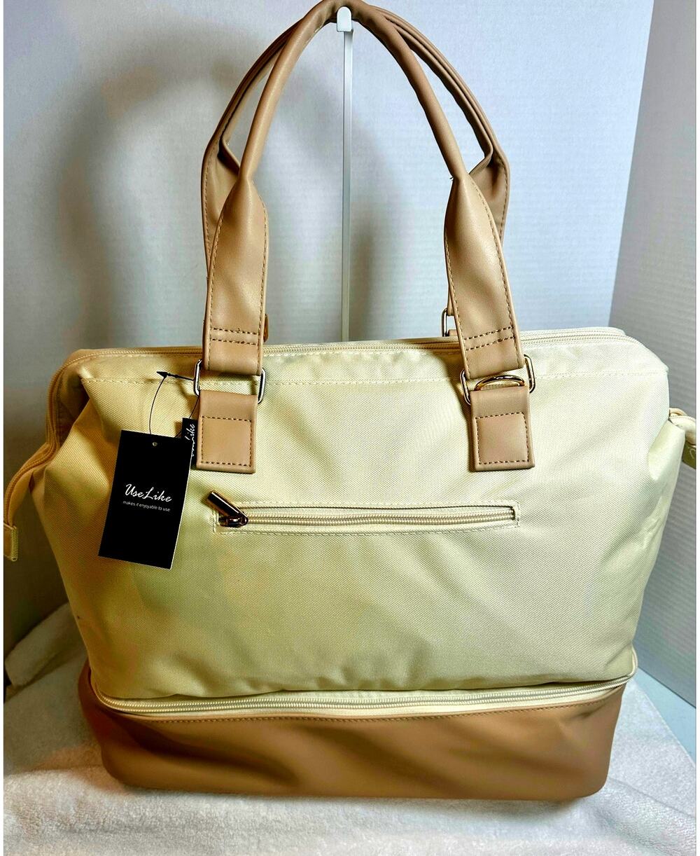 Uselike NEW Cream & Taupe Weekender Travel Bag Laptop Tote w/ Pouch & Strap